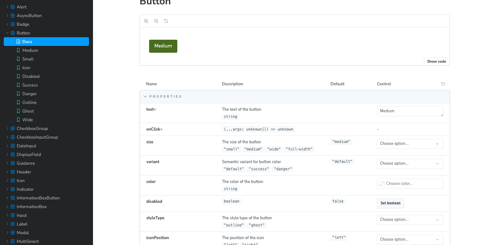 The GRESB component library in Storybook: the component list alongside a documented set of button properties
